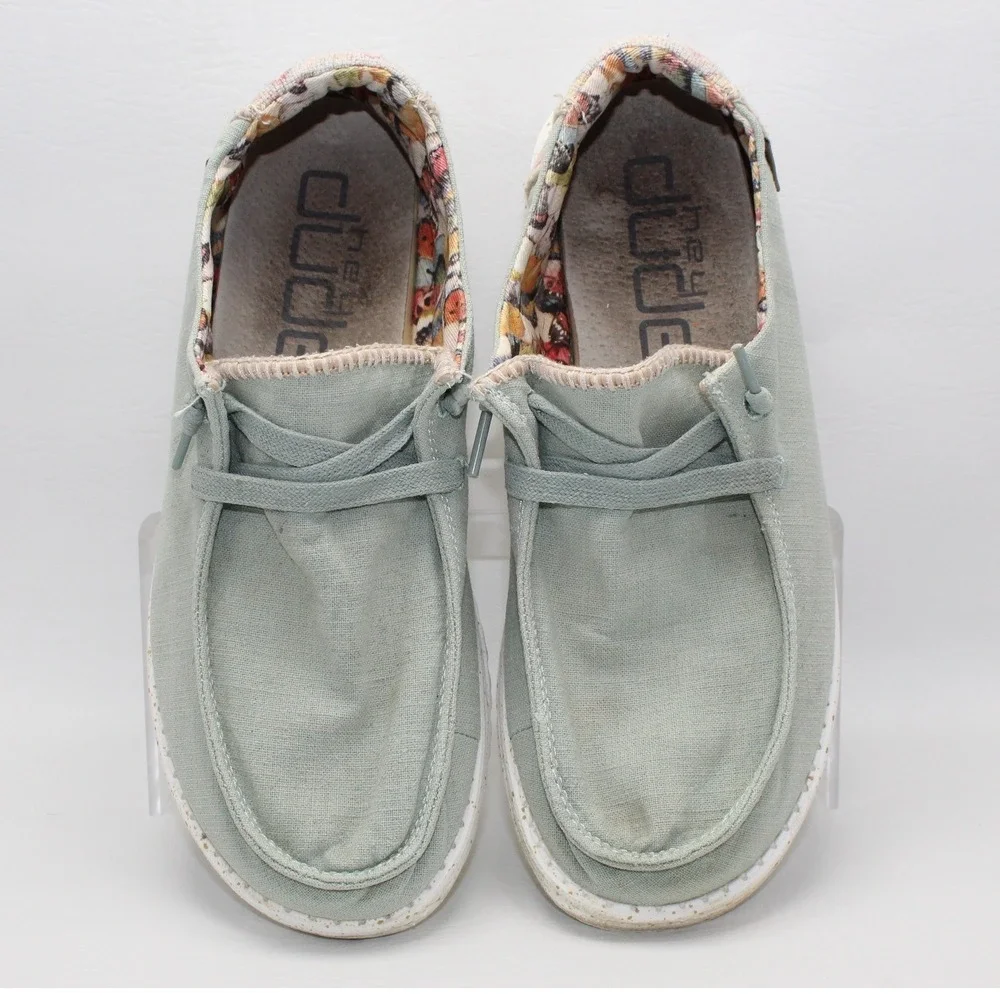 Hey Dude Wendy Aloe Sage Green Canvas Loafers Shoes Womens 8 Butterfly Chevron